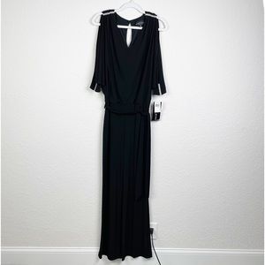 Betsy & Adam NWT Black Rhinestones V Neck Belted Wide Leg Jumpsuit Womens Size 6